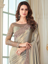 Women's Satin Silk Grey Embellished Designer Saree with Blouse Piece