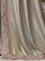 Women's Satin Silk Grey Embellished Designer Saree with Blouse Piece