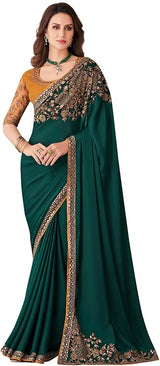Women's Satin Silk Blue Embellished Designer Saree with Blouse Piece