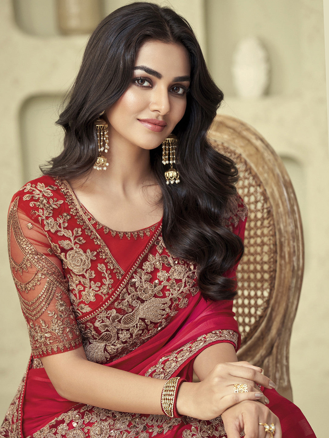 Women's Georgette Pink Embellished Designer Saree with Blouse Piece