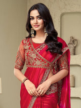 Women's Georgette Pink Embellished Designer Saree with Blouse Piece