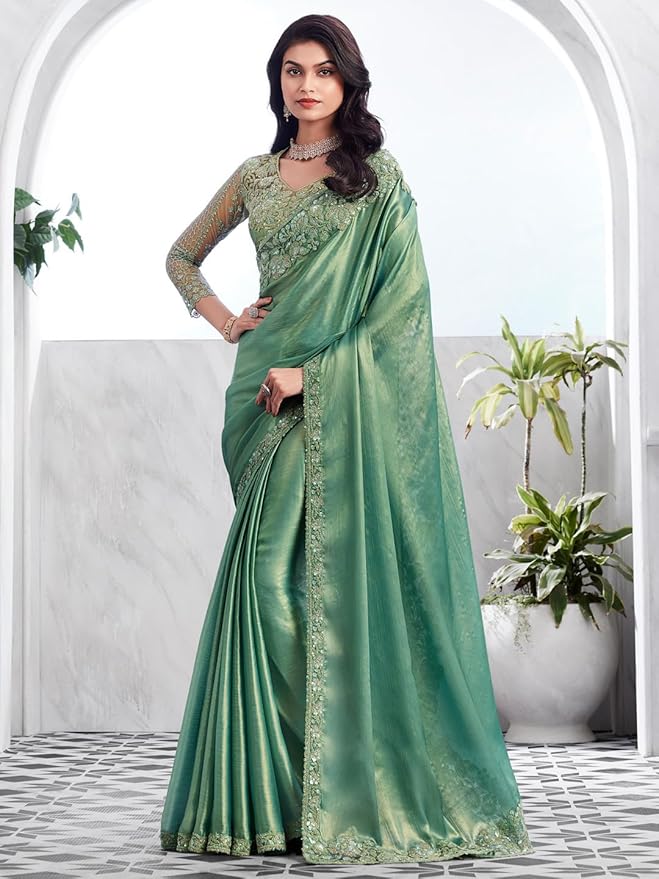 Women's Chiffon Green Embellished Designer Saree with Blouse Piece