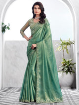 Women's Chiffon Green Embellished Designer Saree with Blouse Piece