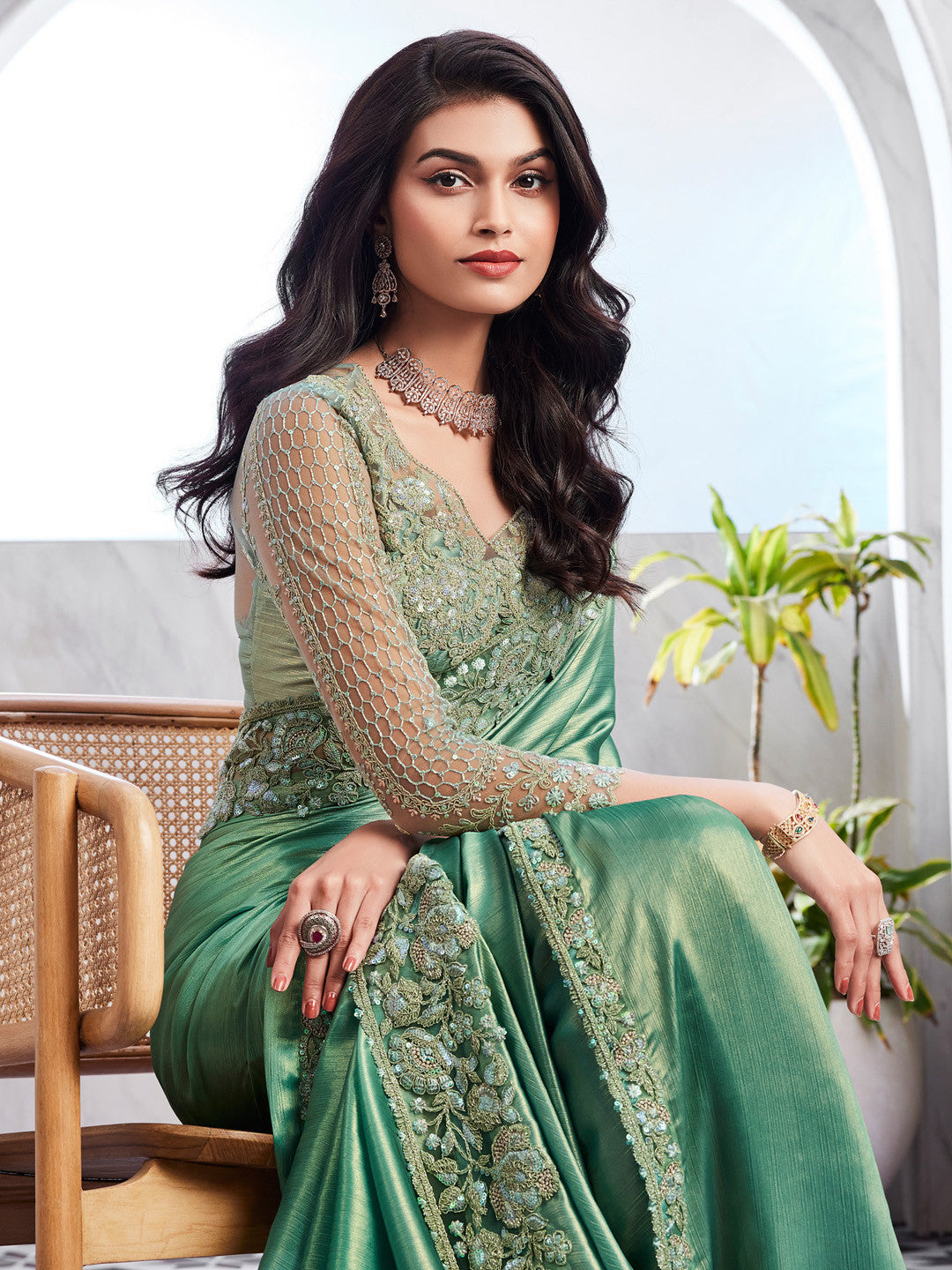 Women's Chiffon Green Embellished Designer Saree with Blouse Piece