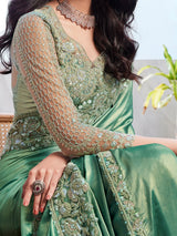 Women's Chiffon Green Embellished Designer Saree with Blouse Piece