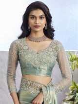 Women's Chiffon Green Embellished Designer Saree with Blouse Piece