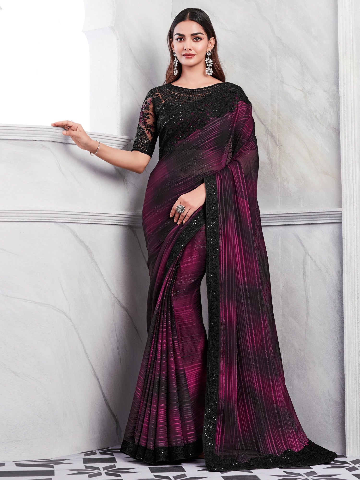 Women's Georgette Pink Embellished Designer Saree with Blouse Piece