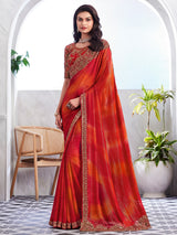 Women's Chiffon Red Embellished Designer Saree with Blouse Piece
