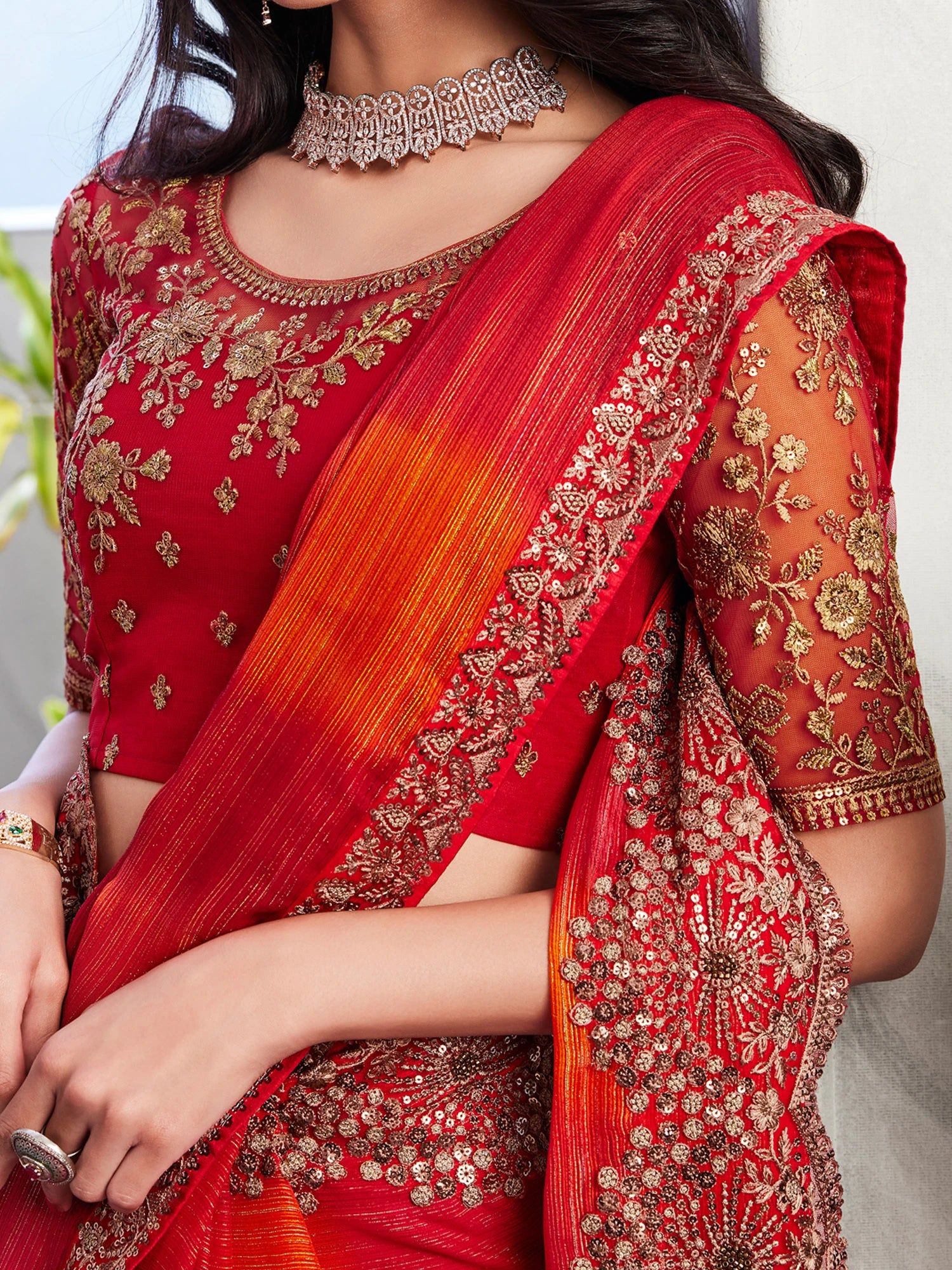 Women's Chiffon Red Embellished Designer Saree with Blouse Piece