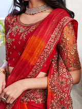 Women's Chiffon Red Embellished Designer Saree with Blouse Piece