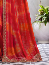 Women's Chiffon Red Embellished Designer Saree with Blouse Piece