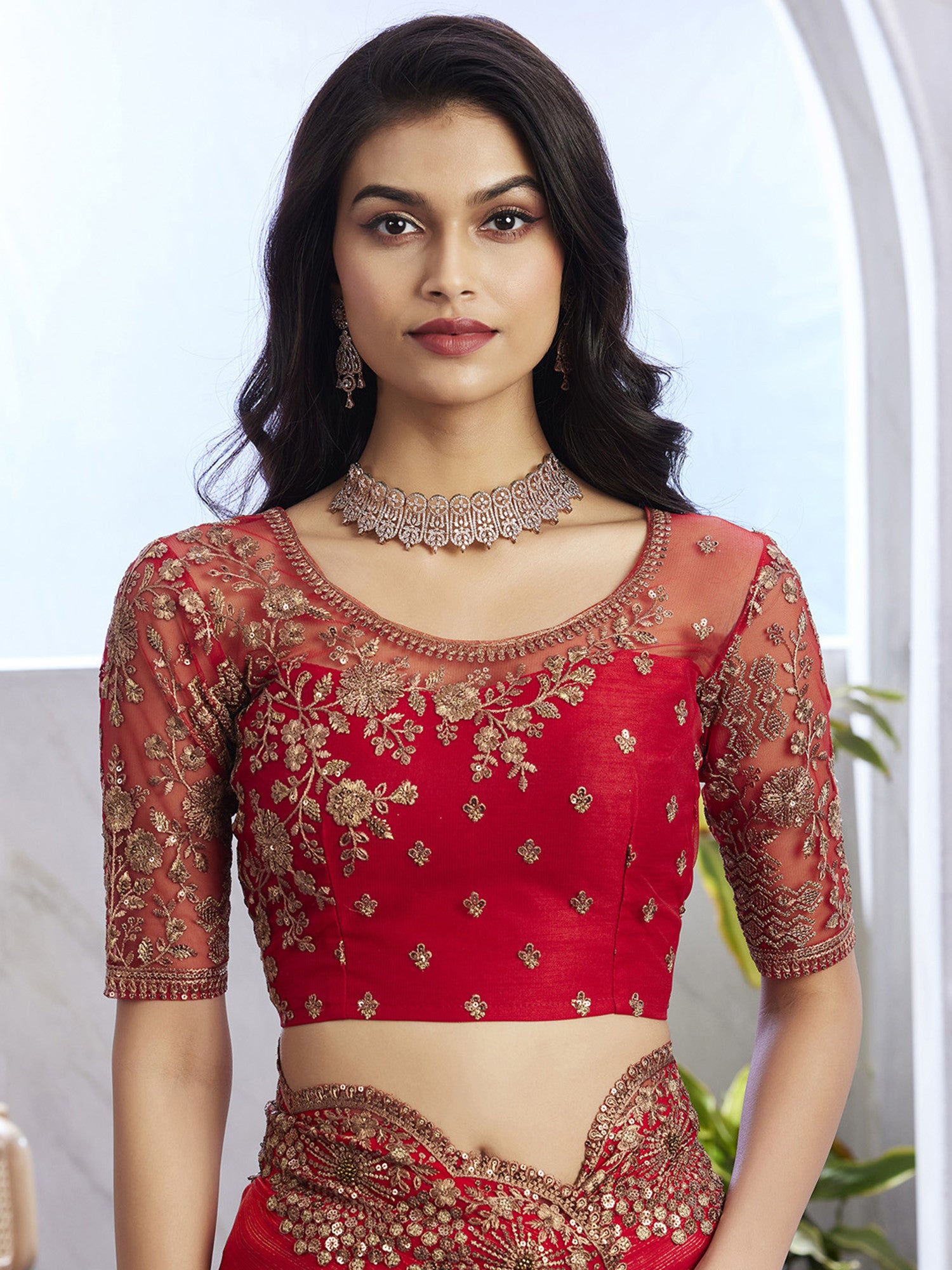 Women's Chiffon Red Embellished Designer Saree with Blouse Piece
