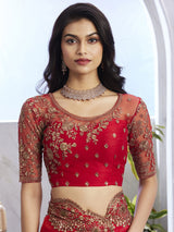Women's Chiffon Red Embellished Designer Saree with Blouse Piece