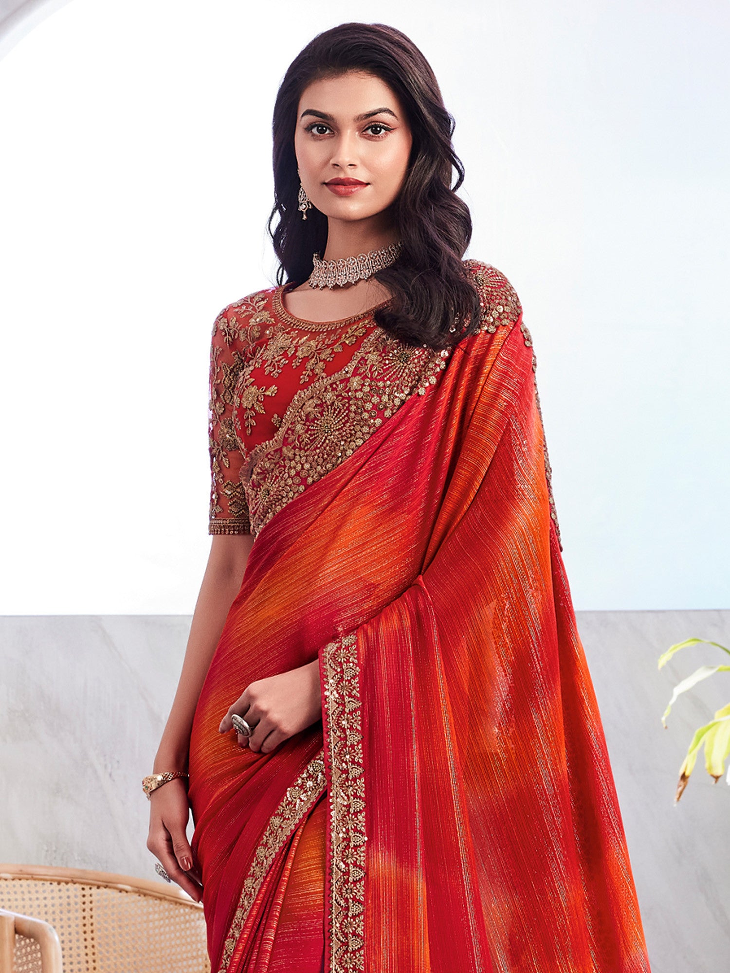 Women's Chiffon Red Embellished Designer Saree with Blouse Piece