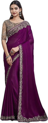 Women's Satin Silk Pink Embellished Designer Saree with Blouse Piece