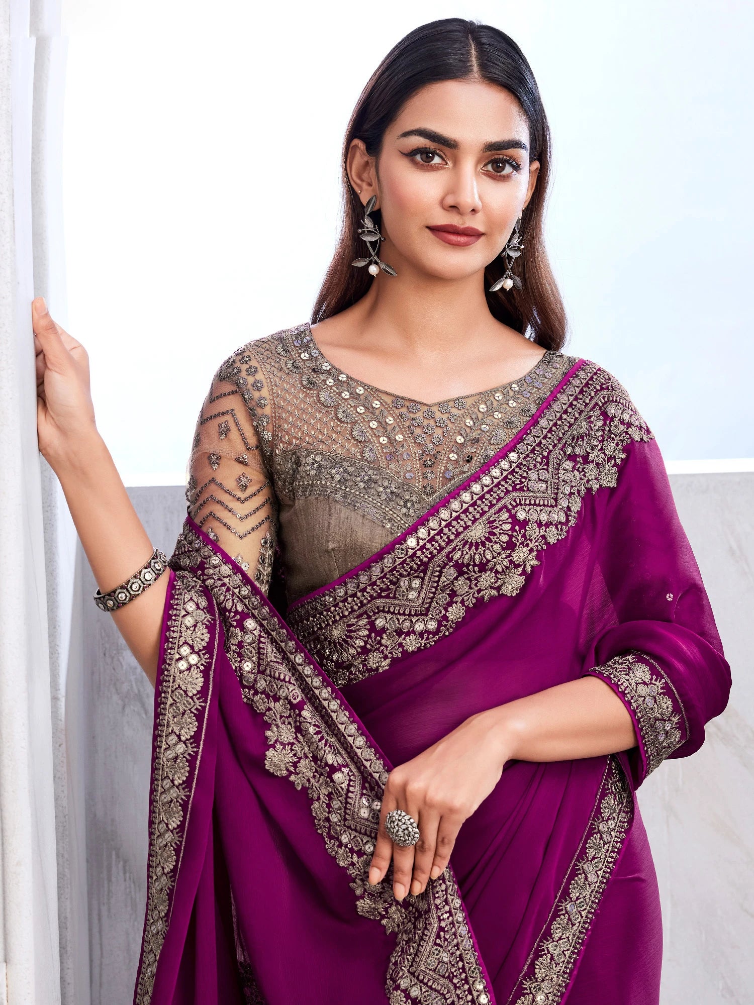 Women's Satin Silk Pink Embellished Designer Saree with Blouse Piece