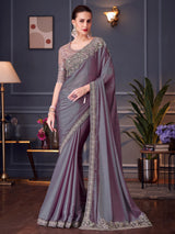 Women's Pure Chiffon Pink Embellished Designer Saree with Blouse Piece