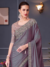Women's Pure Chiffon Pink Embellished Designer Saree with Blouse Piece