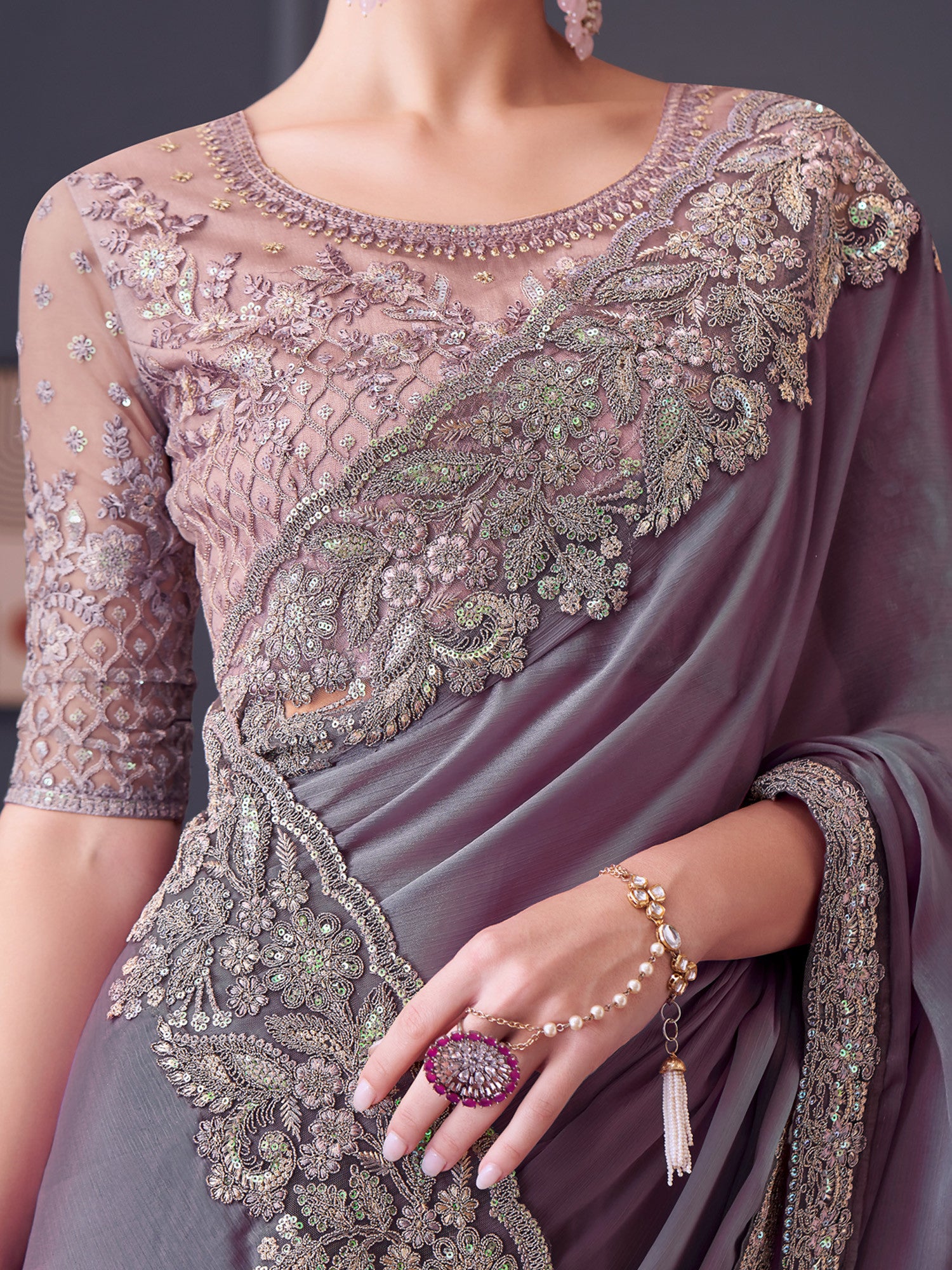 Women's Pure Chiffon Pink Embellished Designer Saree with Blouse Piece