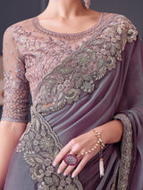 Women's Pure Chiffon Pink Embellished Designer Saree with Blouse Piece