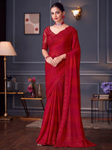 Women's Pure Georgette Red Embellished Designer Saree with Blouse Piece