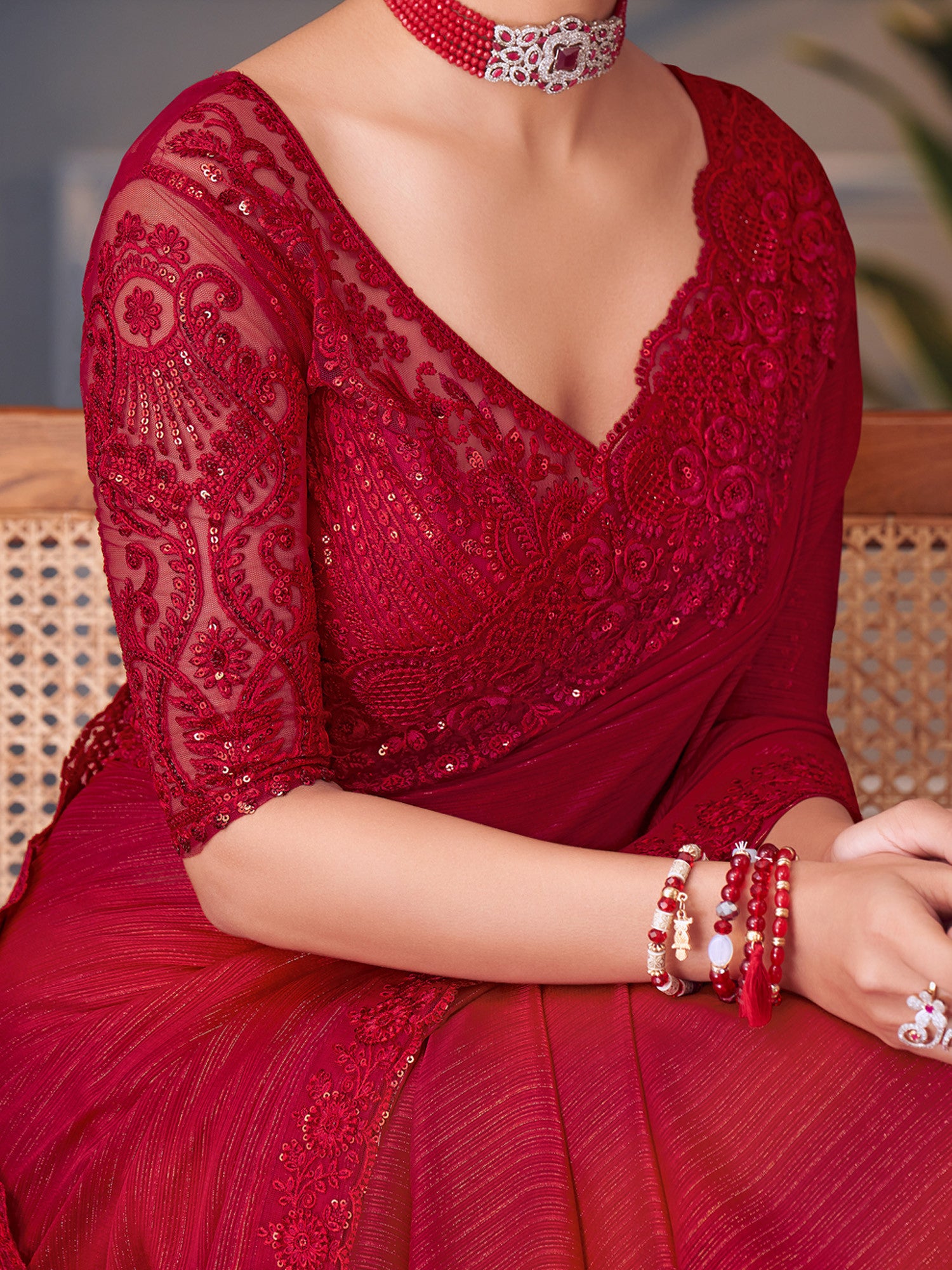 Women's Pure Georgette Red Embellished Designer Saree with Blouse Piece
