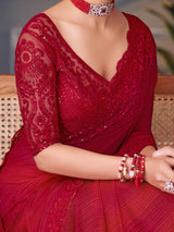 Women's Pure Georgette Red Embellished Designer Saree with Blouse Piece