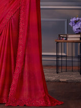 Women's Pure Georgette Red Embellished Designer Saree with Blouse Piece