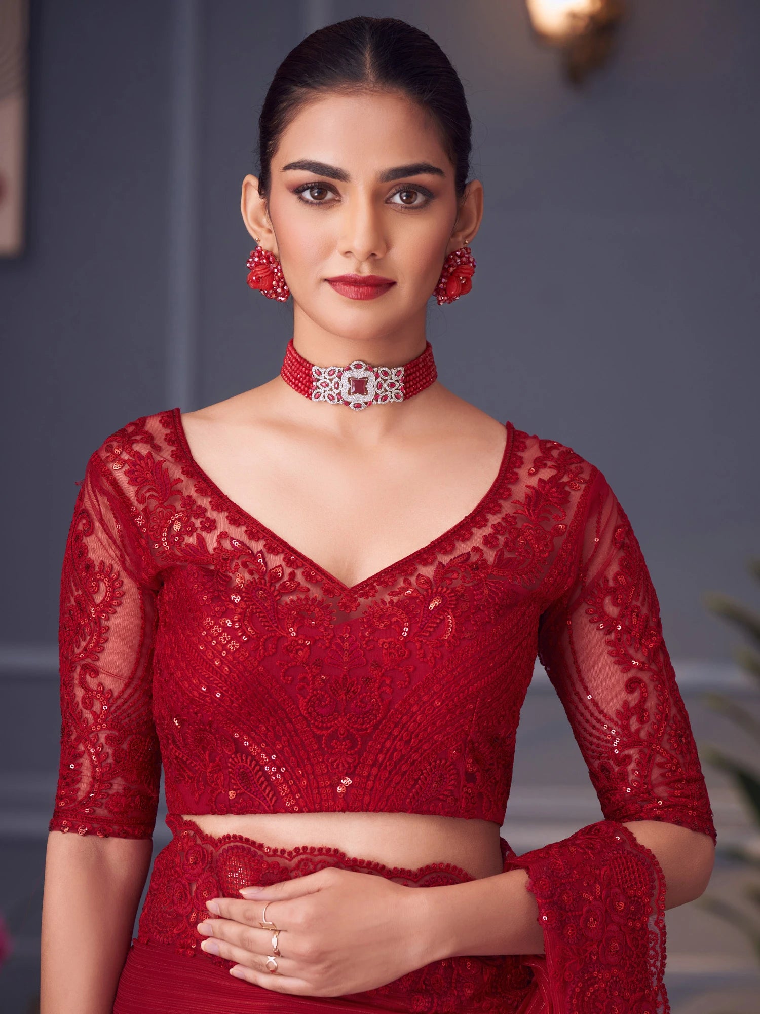 Women's Pure Georgette Red Embellished Designer Saree with Blouse Piece