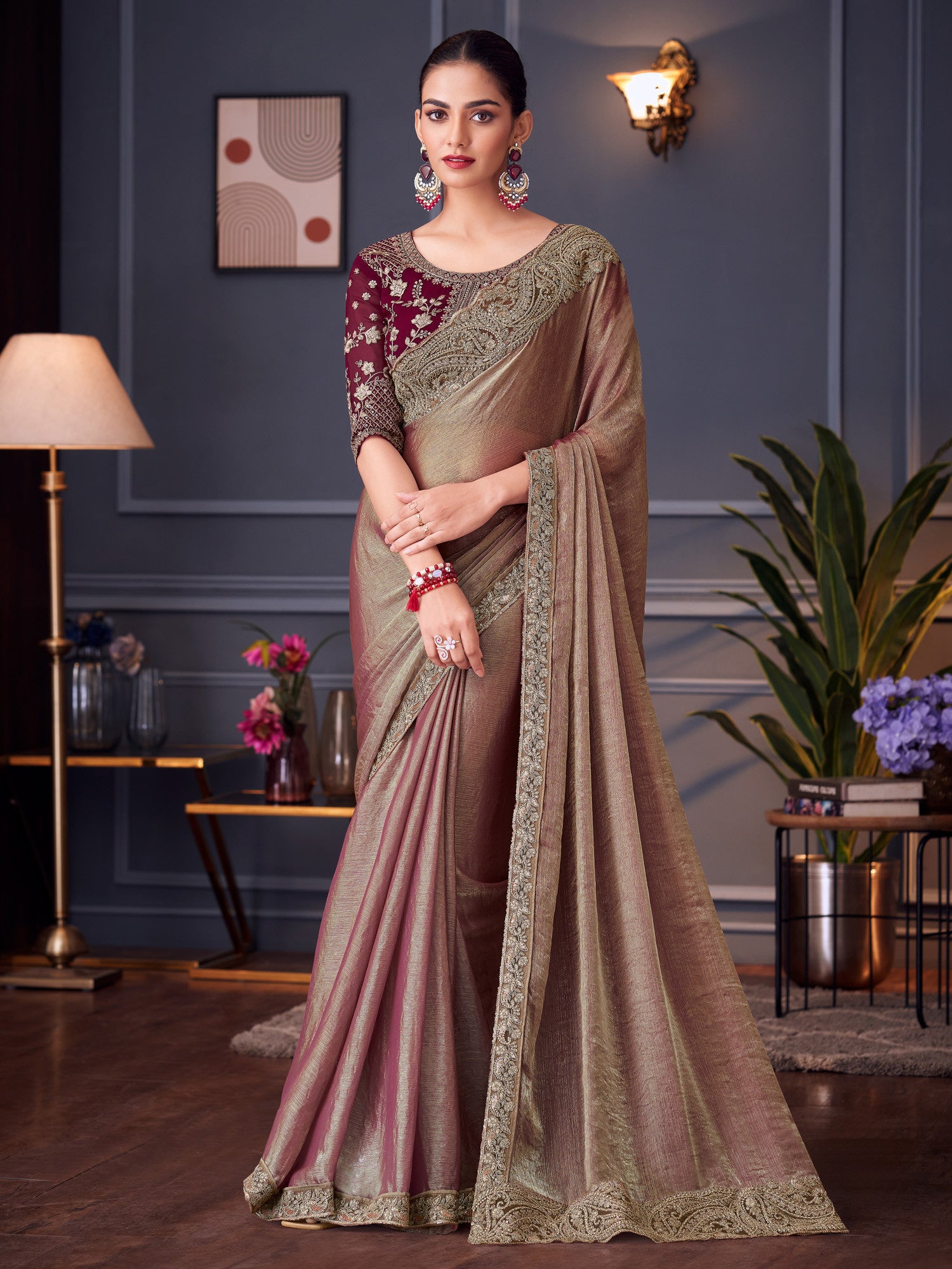Women's Pure Chiffon Red Embellished Designer Saree with Blouse Piece