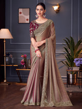 Women's Pure Chiffon Red Embellished Designer Saree with Blouse Piece
