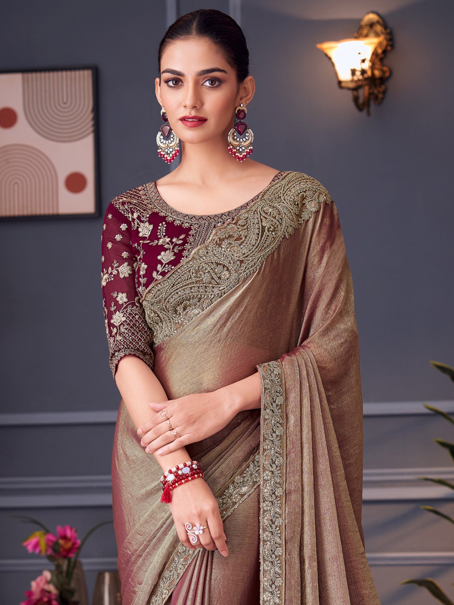 Women's Pure Chiffon Red Embellished Designer Saree with Blouse Piece
