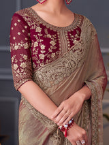 Women's Pure Chiffon Red Embellished Designer Saree with Blouse Piece