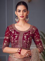 Women's Pure Chiffon Red Embellished Designer Saree with Blouse Piece