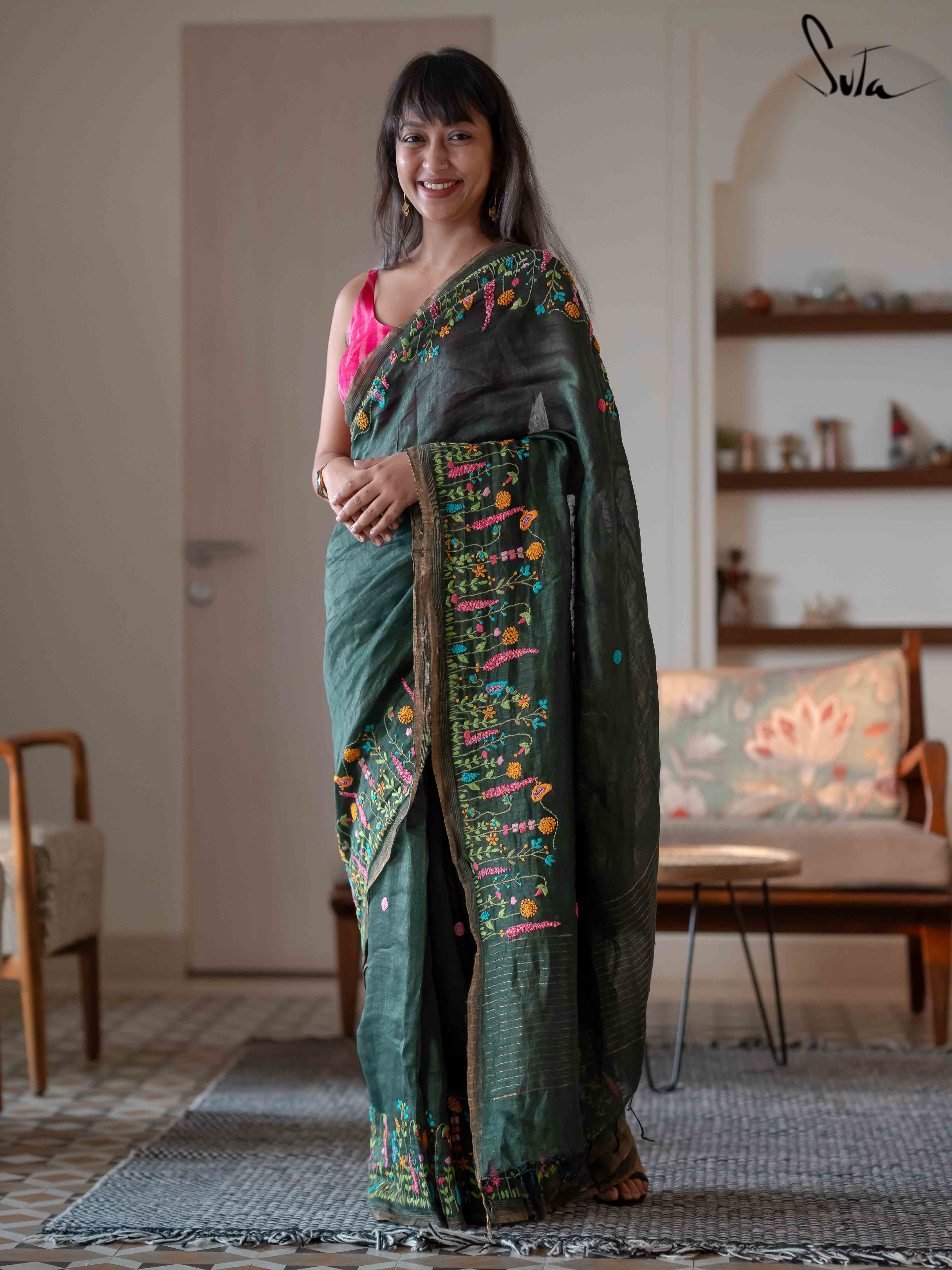 Women's Green Linen Saree with Blouse Piece