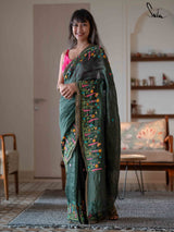 Women's Green Linen Saree with Blouse Piece