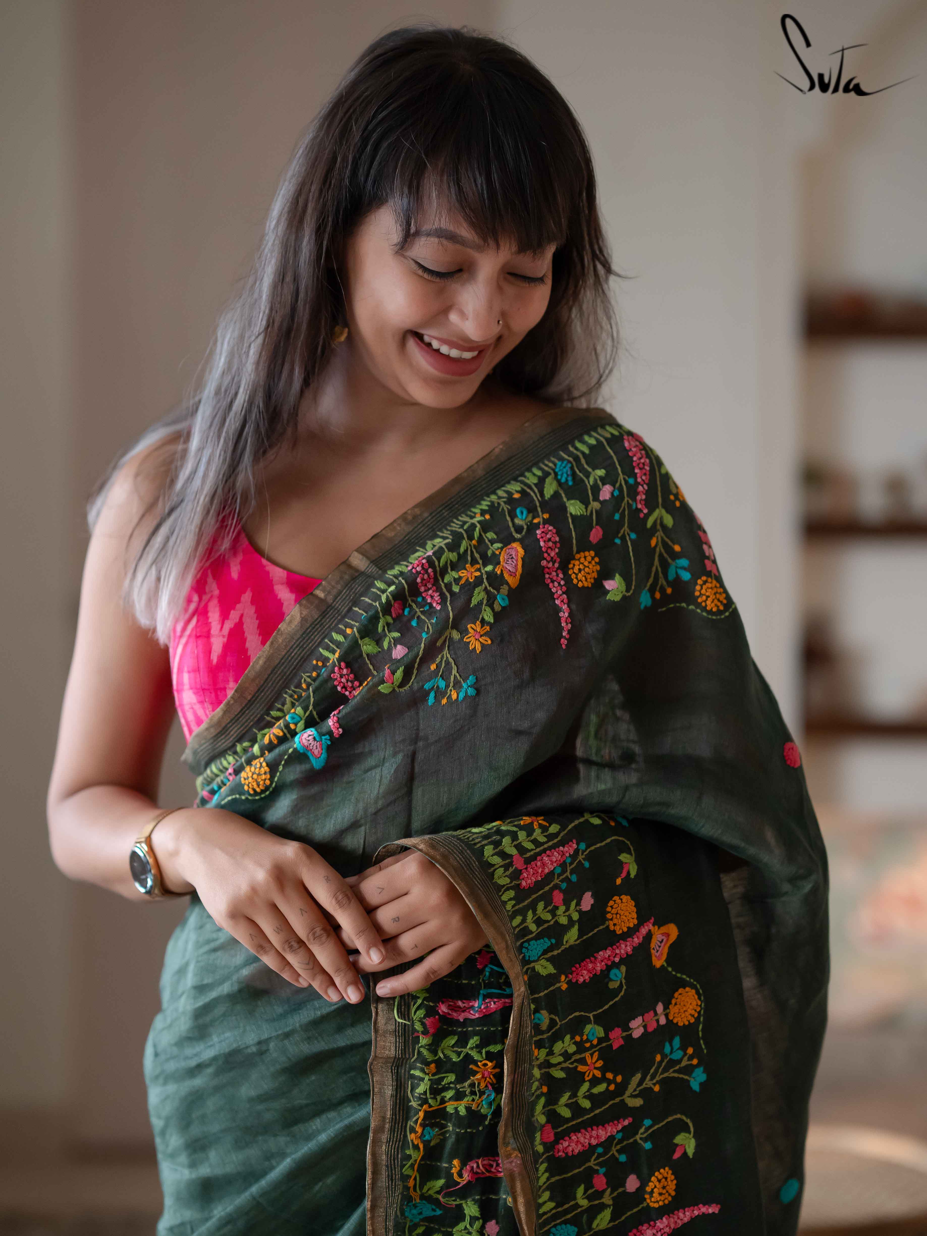 Women's Green Linen Saree with Blouse Piece