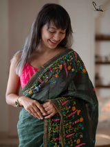 Women's Green Linen Saree with Blouse Piece