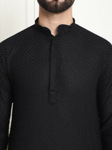 Men's Black Full Sleeves Embroidered Straight Kurta