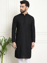 Men's Black Full Sleeves Embroidered Straight Kurta