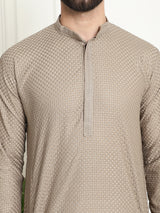 Men's Brown Full Sleeves Embroidered Straight Kurta