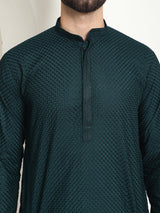 Men's Green Full Sleeves Embroidered Straight Kurta