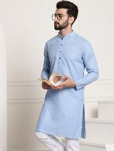 Men's Blue Full Sleeves Straight Cotton Kurta