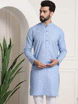Men's Blue Full Sleeves Straight Cotton Kurta