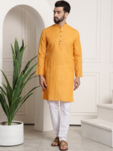 Men's Yellow Full Sleeves Straight Cotton Kurta