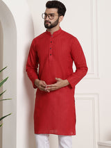 Men's Red Full Sleeves Straight Cotton Kurta