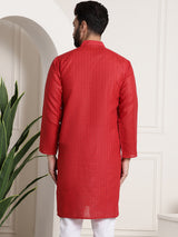 Men's Red Full Sleeves Straight Cotton Kurta
