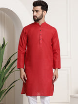 Men's Red Full Sleeves Straight Cotton Kurta