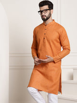 Men's Orange Full Sleeves Straight Cotton Kurta