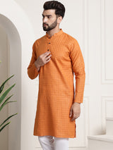 Men's Orange Full Sleeves Straight Cotton Kurta